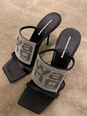 🚩steal Alexander Wang Black Crystal-Embellished Strappy Heeled Mule